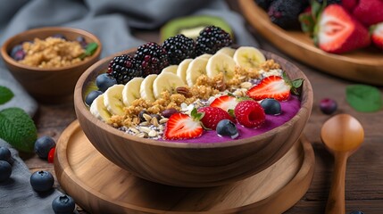 Colorful Acai Smoothie Bowl with Fresh Berries, Banana, and Coconut Toppings.