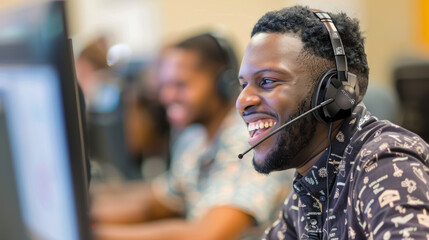 Wall Mural - A man wearing a headset is smiling while working on a computer