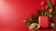 © Vectonessa - red background backdrop with palm leaves, vacation hat and red luggage ready to go on a holiday travel