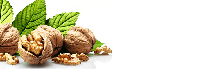 Wall Mural - Walnuts with green leaves, on green delicious nutritious healthy snack white background
