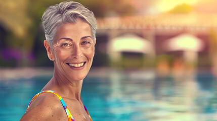 Wall Mural - A woman is smiling and posing for a picture in a pool