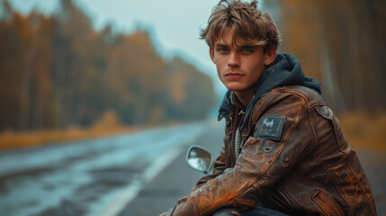 Wall Mural - cute stylish boy in leather jacket sitting on the road