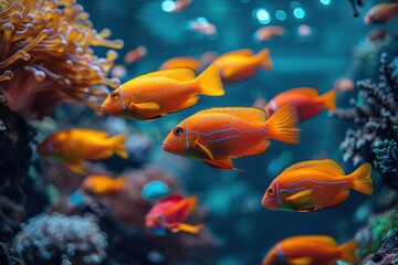 A close-up view of vibrant orange fish with striking blue lines swimming in a colorful underwater environment, capturing the intricate details and beauty of marine life.