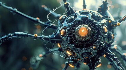 A close up of a large machine with lights and wires, AI