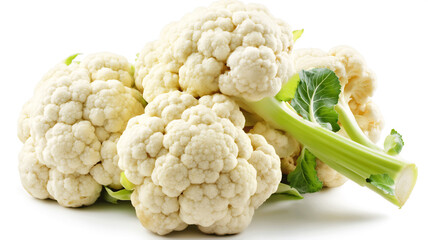 Wall Mural -  Fresh cauliflower heads with green leaves attached, showcasing their white, bumpy texture against a white background.