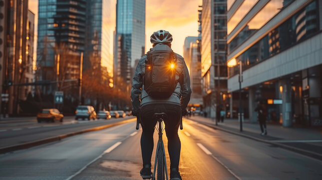businessman commuting on bicycle wearing helmet and backpack in city during sunset modern skyscrapers cycling to work