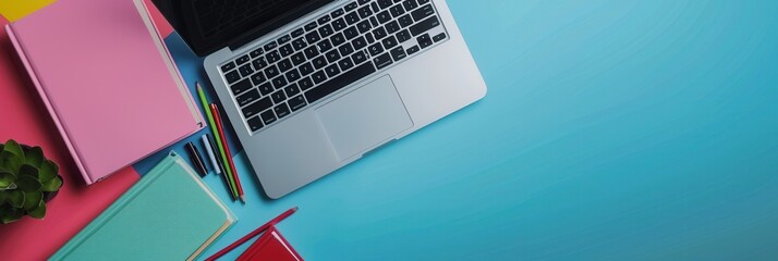 Aufkleber - A laptop and colorful textbooks on a blue desk, representing modern learning and education. Generative AI