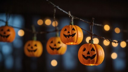 Wall Mural - Hanging decoration of Halloween pumpkin ornament with blurred bokeh lights.