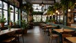 © Aniba - Garden-themed cafe with hanging plants and floral prints.