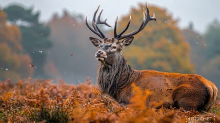 Sticker - Beautiful image of red deer stag in foggy Autumn colorful forest  