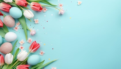 Wall Mural - blue background with tulips and easter eggs