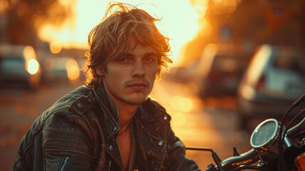 Canvas Print - cute stylish boy in leather jacket sitting on the road