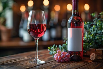 A close-up shot of a glass of red wine and a bottle on a wooden surface, surrounded by green grapes and plant leaves, showcasing elegance and tranquility.