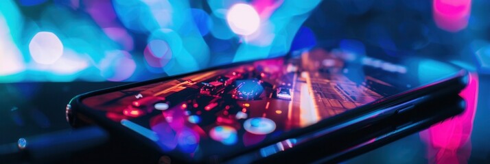 Fototapete - A smartphone screen displays a vibrant video stream in a city setting at night. The background is blurred with colorful lights, creating a dynamic and energetic atmosphere. Generative AI