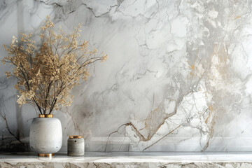 Poster - A white marble wall with a vase of flowers on a shelf. The vase is white and has a gold trim