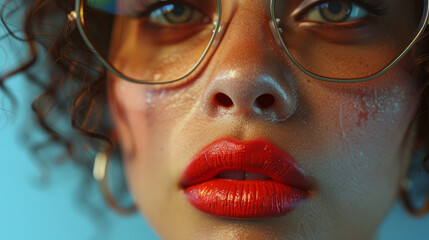 Close-up of a glamorous female model with artistic makeup wearing funky sunglasses. Attractive woman with red lipstick and nailpaint looking away on grey background