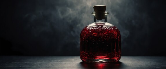 magical red potion bottle on plain black background banner with copy space