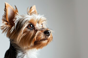 Wall Mural - Portrait of Yorkshire Terrier on gray background.