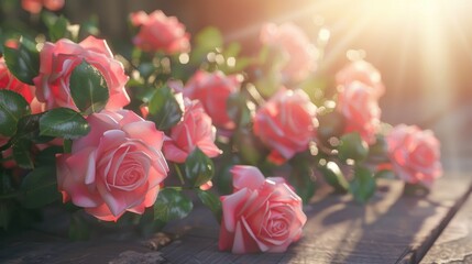 Wall Mural - Pink roses on a wooden backdrop with sunlight from nature