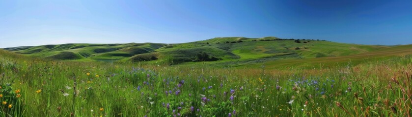 Wall Mural - A painting of a green field with a blue sky