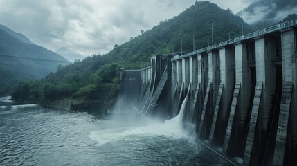 Aufkleber - A hydroelectric dam generates power amidst a serene landscape, with water flowing through its gates and mist rising in the air. Generative AI