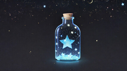 Poster - Glass bottle with a glowing star inside against a dark starry sky with copy space text for magic, fantasy, dream, wish, hope, night, sky, stars