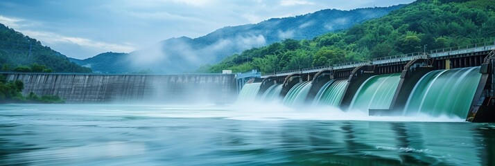 Aufkleber - A hydroelectric dam in a serene landscape, with mist-covered mountains in the background and water flowing through the dam to generate power. Generative AI