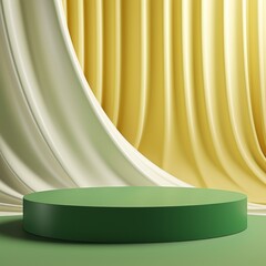 Poster - A green podium sits in front of a soft yellow and emerald green curtain background. The curtain is draped in a minimalist style