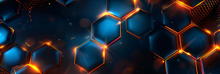 Poster - Abstract blue and orange hexagon pattern with copy space text for technology, design, abstract, futuristic, modern, geometric, blue, orange