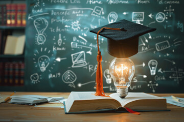 Online Education Learning, Graduation Cap Light Bulb, Open Book, Innovative Technology, Science Mathematics, Classroom, Knowledge Development, University School, Smart Idea, Academic Success