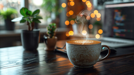 Sticker - cup of coffee on the table in studio