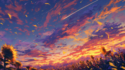 Poster - Sunset sky with sunflowers and shooting stars with copy space text for nature, beauty, dream, fantasy, hope, inspiration