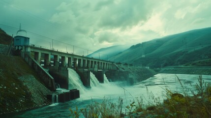 Poster - A hydroelectric dam generates power in a serene landscape. The water flows over the dam, creating a beautiful and powerful scene. Generative AI