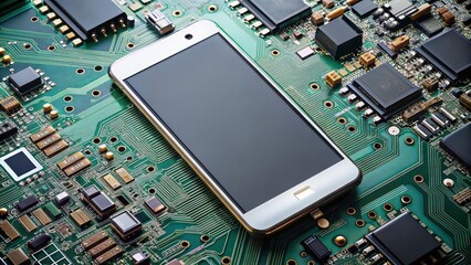 Canvas Print - Close up of smartphone circuit board with microchips and connectors, electronics, technology, phone