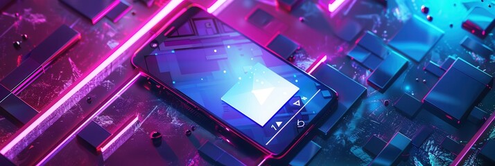 Leinwandbilder - A smartphone with a video streaming on the screen is displayed against a vibrant background of neon lights. Generative AI