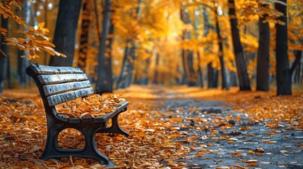 Poster - bench in autumn park HD 8K wallpaper Stock Photographic Image  