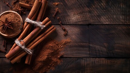 Wall Mural - Cinnamon sticks on wooden background with roll and powder versatile spice for cooking and drinks Fragrant ground cinnamon Text space included