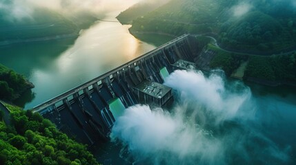 Aufkleber - An aerial view of a hydroelectric dam generating power in a serene landscape. The dam is surrounded by lush greenery and a calm body of water. Generative AI