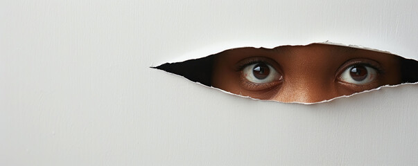 A person's eyes are peeking out from behind a paper hole. Concept of curiosity and intrigue, as the viewer is left to wonder what is happening behind the hole