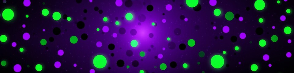 Canvas Print - A vibrant background with randomly distributed green and purple polka dots on a deep purple backdrop, banner