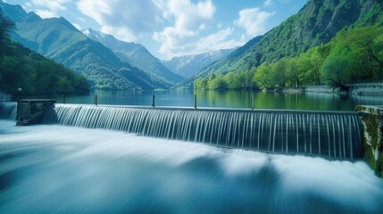 Aufkleber - A hydroelectric dam generates power in a serene mountain landscape, showcasing the beauty of green technology. Generative AI