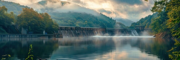 Aufkleber - A hydroelectric dam generates clean energy in a serene landscape, with water cascading over the dam and mist rising from the water. Generative AI