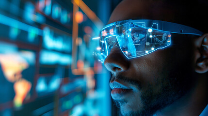 Poster - data analyst using augmented reality technology for data monitoring, digital business data virtual display 