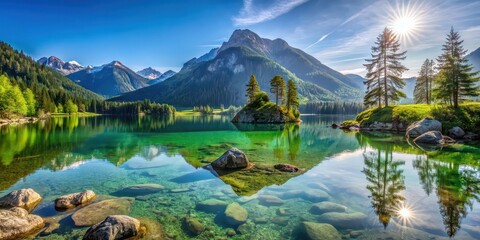 Sticker - Scenic view of Hintersee lake in Bavarian Alps, Germany, Hintersee, lake, Berchtesgaden National Park, Bavarian Alps