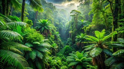 dense, vibrant, and majestic lush green rainforest with an abundance of tall trees, ferns, and tropi