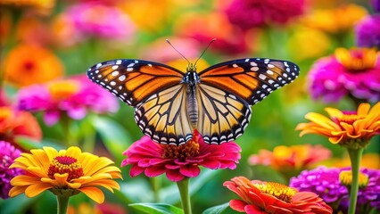 Sticker - Vibrant butterfly resting on a colorful flower in a lush garden , Nature, wildlife, beauty, pollination, vibrant, colors, insect