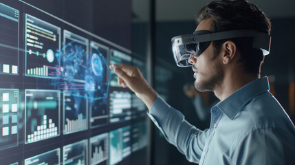Poster - data analyst using augmented reality technology for data monitoring, digital business data virtual d