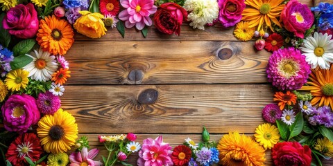 Poster - Frame of various colorful flowers arranged on a rustic wooden background, flowers, frame, wooden, background, rustic