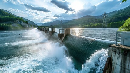 Aufkleber - A hydroelectric dam generates power as water flows over its spillway in a serene mountain landscape. Generative AI
