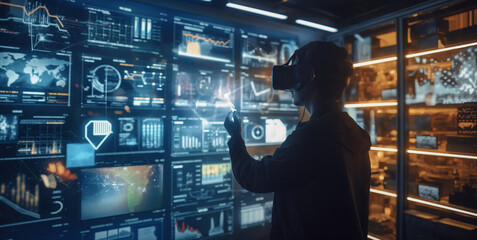 Poster - data analyst using augmented reality technology for data monitoring, digital business data virtual d